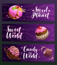 Candy shop creative advertising banners set. Sweet planet world design. Royalty Free Stock Photo