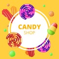 Candy Shop Emblem on Yellow Background. Vector. Royalty Free Stock Photo