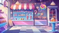 A candy shop empty interior with pastry, a cashier desk, shelves and tables with chocolates, candycanes, and lollipops Royalty Free Stock Photo