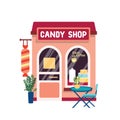 Candy shop flat vector illustration. Confectionery store facade with cake at showcase isolated on white background