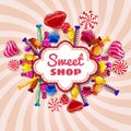 Candy shop frame template background with set of different colors of candy, candy, sweets, chocolate candy, jelly beans