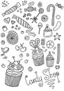 Candy shop icons. Doodle candy set. Collection of candies, lollipops, cupcakes, sweets and desserts isolated on white background.