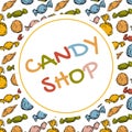 Candy shop logo design, sweets store sign in vector EPS8