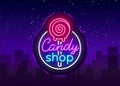 Candy shop logo in neon style. Store sweets neon sign, banner light, bright neon night sweets advertising. Design
