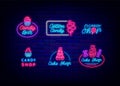 Candy shop neon lettering signboard with icons. Sign collection. One line drawing sweets. Vector stock illustration Royalty Free Stock Photo