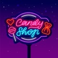 Candy shop neon lettering street billboard. Sweet shop label. Lollipop icon. Isolated vector illustration