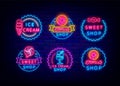 Candy shop neon signboard with icons. Circle badge for cafe. Sign collection. Light advertising. Vector illustration Royalty Free Stock Photo