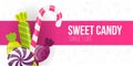 Candy Shop pink banner with sweets on the hand draw doodle background.