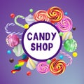 Candy shop poster. Colorful background with sweets - lollipops,hard candies and marshmallow twist on blue background. Royalty Free Stock Photo