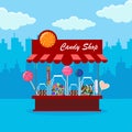 Candy shop, store in city. Sweet candies in glass jar isolated on background. Lollipop, chocolate bar. Vector cartoon design Royalty Free Stock Photo