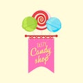 Candy shop or store logo, label or badge design with three lollipops. Royalty Free Stock Photo
