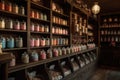 candy shop with vintage and retro vibe, featuring wooden shelves and old-fashioned candy jars