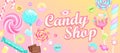 Candy shop welcome banner with sweets. Royalty Free Stock Photo