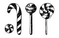 Candy sketch collection. Hand drawn line art elements set. Black and white candies. Caramel, lollipop, round drops. Vector