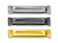 Candy stick packaging. Sugar products foil wrappers, golden, silver, black product, realistic blank sweet bars metallic