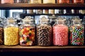 Candy Store Displaying Jars of Colorful Candies. AI Royalty Free Stock Photo