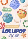 Candy store, poster template with lollipops, sugar snacks, bonbons, caramels on background. Sweet shop advertisement