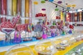 Candy store. Candy for sale in an old-fashioned booth on a fairground Royalty Free Stock Photo