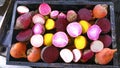 Candy stripe, golden and purple beetroot halves Royalty Free Stock Photo