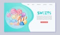 Candy sweet landing banner, vector illustration. Web page with colorful food, sugar snack cartoon design. Internet