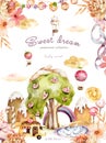 candy tree, watercolor, sweet childhood dream,caramel trees. Fantasy city with cake castles. summer, isolated