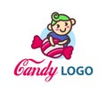 Candy vector logo template with cute little funny boy. ÃÂ¡hild hugs a big candy. Candy shop icon. Candy bar logo. Lollipop icon.