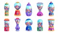 Candy vending machine. Cartoon ball gum with colorful sweets, retro vending machine with bubble gumball capsules. Vector