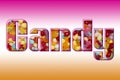 Candy word spelled out in large bold thick text font with orange and pink sweet treats candies food background