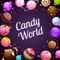 Candy world poster. Glazed donut, candies, cakes, cookies, chokolate planets. Royalty Free Stock Photo