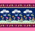 The candy wrapper with beautiful landscape, cute cartoon animals with umbrellas and decorative border from autumn leaves.