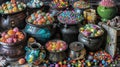 Candyfilled cauldrons overflow with sweet treats tempting customers with their colorful wrappers and delicious promises