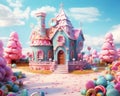In a candyland generative fantasy of a small pastel colored candyhouse, there is turquoise and pink colored candyhouse.