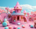 In a candyland generative fantasy of a small pastel colored candyhouse, there is turquoise and pink colored candyhouse.