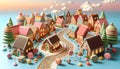 Candyland Village at Sunset. Colorful Illustration