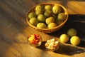 Cane basket with gooseberry or amala with its by-products isolated on wooden background