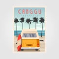 Canggu beach with vintage car background design, surfing poster vintage illustration design Royalty Free Stock Photo