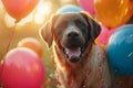 Canine celebration Dog surrounded by festive balloons and decorations