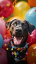 Canine celebration Dog surrounded by festive balloons and decorations