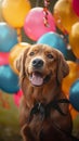 Canine celebration Dog surrounded by festive balloons and decorations