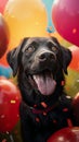 Canine celebration Dog surrounded by festive balloons and decorations