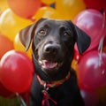 Canine celebration Dog surrounded by festive balloons and decorations