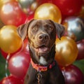 Canine celebration Dog surrounded by festive balloons and decorations