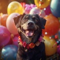 Canine celebration Dog surrounded by festive balloons and decorations