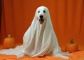 A canine companion in a Halloween costume for a frightful celebration.