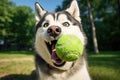 Canine court: husky playing obediently with tennis ball outdoors