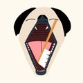 Canine dental care and hygiene. Dog getting his teeth cleaned with a toothbrush. Vector illustration in hand drawn style