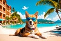 A canine donning shades enjoys the sun at the sandy shoreline.