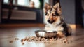 Canine enjoys nutritious meal from full bowl.