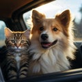 Canine feline road trip Dog and cat in car window bliss