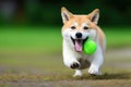 Canine obedience: Akita Inu playing fetch on green lawn with tennis ball